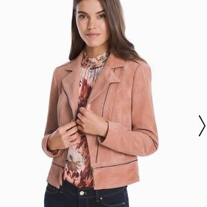 Suede moto jacket with floral sleeveless blouse